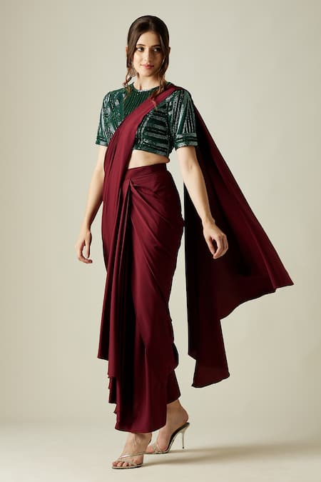 Buy Aakaar Wine Moss Crepe Crystal Work Round Ruby Pre-draped Saree With Blouse Online at Aza Fashions Buy_Aakaar_Wine Moss Crepe Crystal Work Round Ruby Pre-draped Saree With Blouse _Online_at_Aza_Fashions