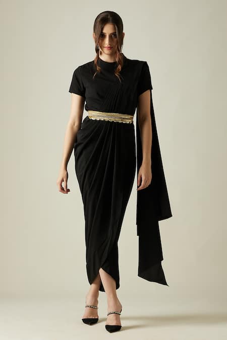 Aakaar Black Embellished Metallic Crystal Work Pleated Draped Saree Dress With Belt