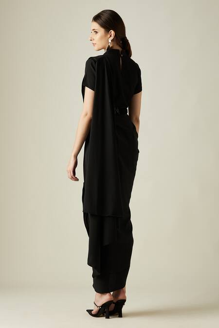Shop_Aakaar_Black Metallic Crystal Work High Neck Pleated Draped Saree Dress With Belt _at_Aza_Fashions
