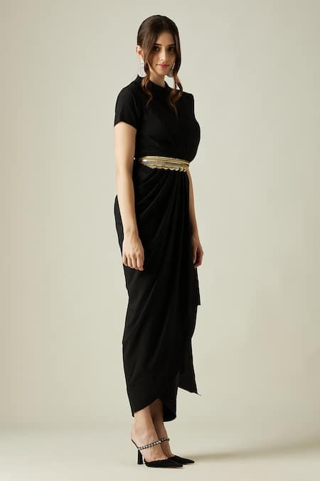 Aakaar_Black Metallic Crystal Work High Neck Pleated Draped Saree Dress With Belt _Online_at_Aza_Fashions