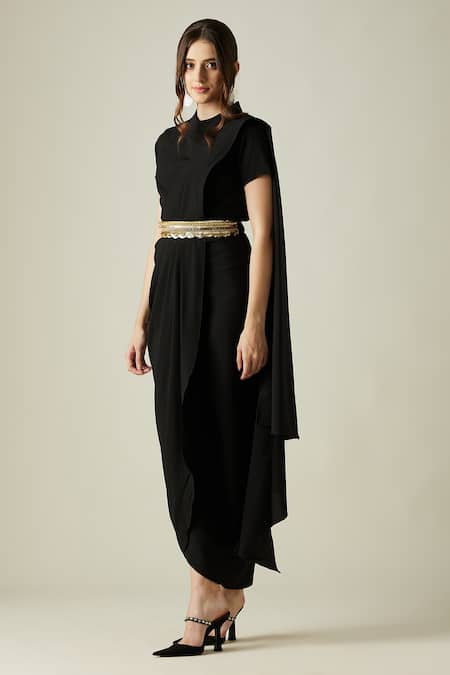 Buy_Aakaar_Black Metallic Crystal Work High Neck Pleated Draped Saree Dress With Belt _Online_at_Aza_Fashions