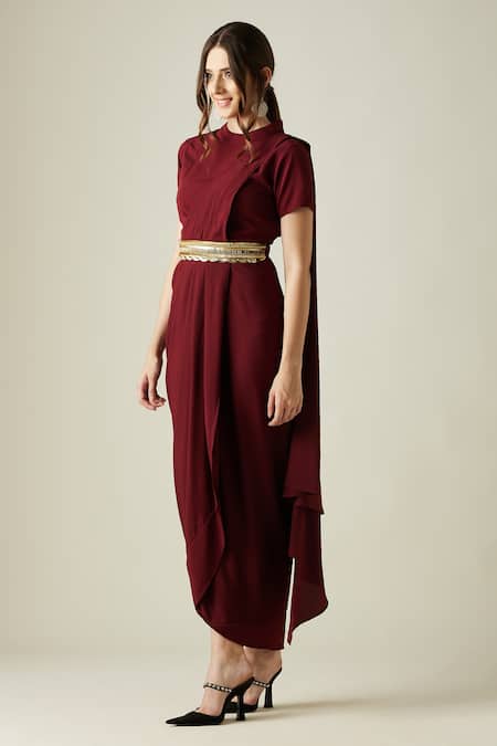 Buy Aakaar Wine Metallic Crystal Work High Neck Pleated Draped Saree Dress With Belt Online at Aza Fashions Buy_Aakaar_Wine Metallic Crystal Work High Neck Pleated Draped Saree Dress With Belt _Online_at_Aza_Fashions