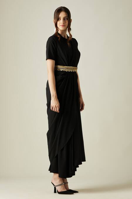 Aakaar_Black Metallic Crystal Work High Neck Pleated Draped Saree Dress With Belt _Online_at_Aza_Fashions