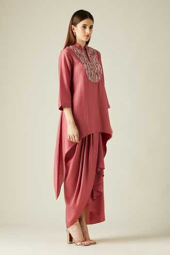 Aakaar_Pink Cotton Silk Sequins Mandarin Collar Pebble Tunic And Draped Skirt Set _Online_at_Aza_Fashions