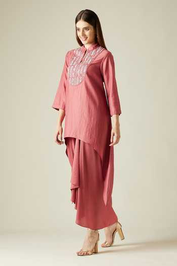 Buy_Aakaar_Pink Cotton Silk Sequins Mandarin Collar Pebble Tunic And Draped Skirt Set _Online_at_Aza_Fashions