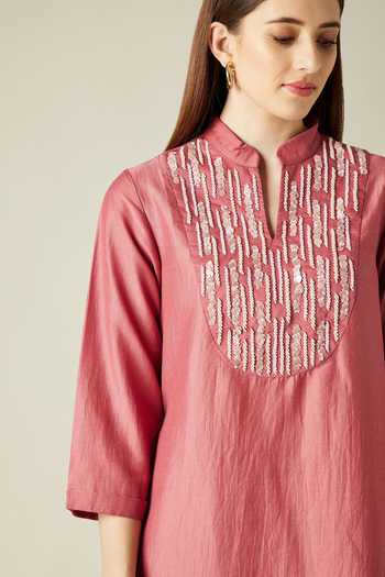 Shop_Aakaar_Pink Cotton Silk Sequins Mandarin Collar Pebble Tunic And Draped Skirt Set _Online_at_Aza_Fashions