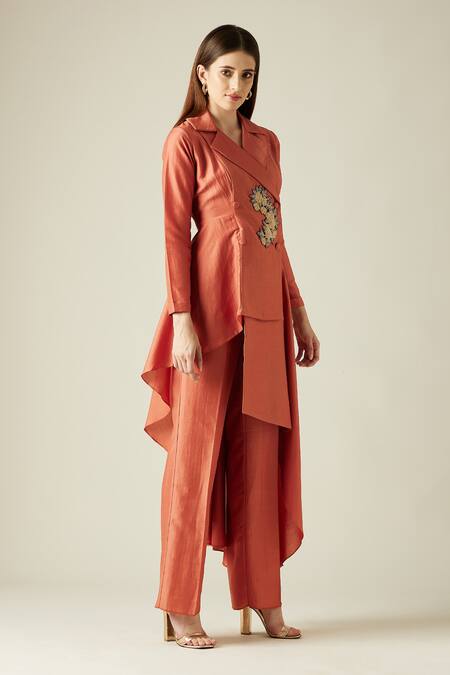 Aakaar_Orange Cotton Silk Sequins Notched Lapel Blazer Tunic And Pant Set _Online_at_Aza_Fashions