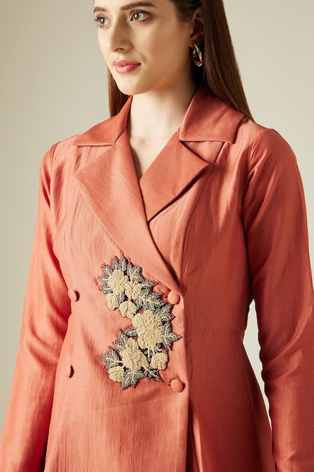 Shop_Aakaar_Orange Cotton Silk Sequins Notched Lapel Blazer Tunic And Pant Set _Online_at_Aza_Fashions