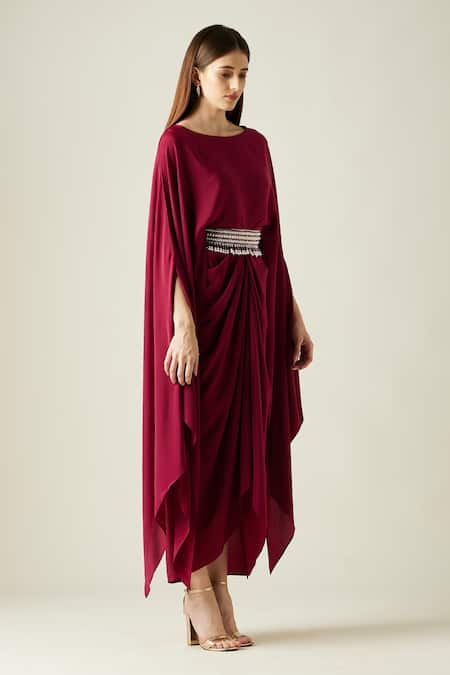Aakaar_Wine Silk Crepe Pearls, Crystals Boat Draped Gown With Embellished Belt _Online_at_Aza_Fashions