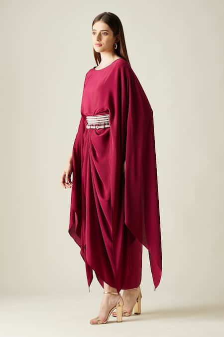 Buy_Aakaar_Wine Silk Crepe Pearls, Crystals Boat Draped Gown With Embellished Belt _Online_at_Aza_Fashions