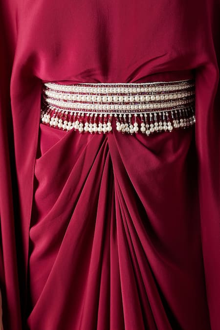 Shop_Aakaar_Wine Silk Crepe Pearls, Crystals Boat Draped Gown With Embellished Belt _Online_at_Aza_Fashions