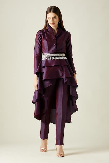 Aakaar Purple Silk Embroidery Pearls Lapel Collar Blazer Tunic And Pant Set 