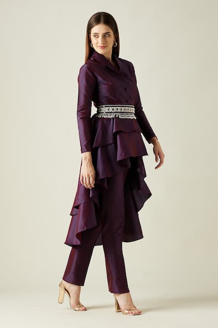 Aakaar_Purple Silk Pearls, Crystals Lapel Collar Blazer Tunic And Pant Set_Online_at_Aza_Fashions