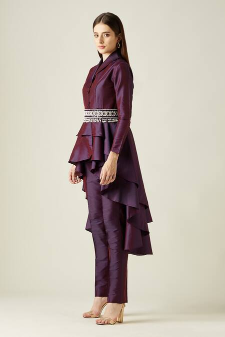 Buy_Aakaar_Purple Silk Pearls, Crystals Lapel Collar Blazer Tunic And Pant Set_Online_at_Aza_Fashions