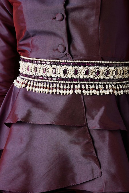 Shop_Aakaar_Purple Silk Pearls, Crystals Lapel Collar Blazer Tunic And Pant Set_Online_at_Aza_Fashions