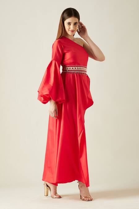 Aakaar_Red Silk Tissue Stones One Shoulder Tunic And Draped Pant Set_Online_at_Aza_Fashions
