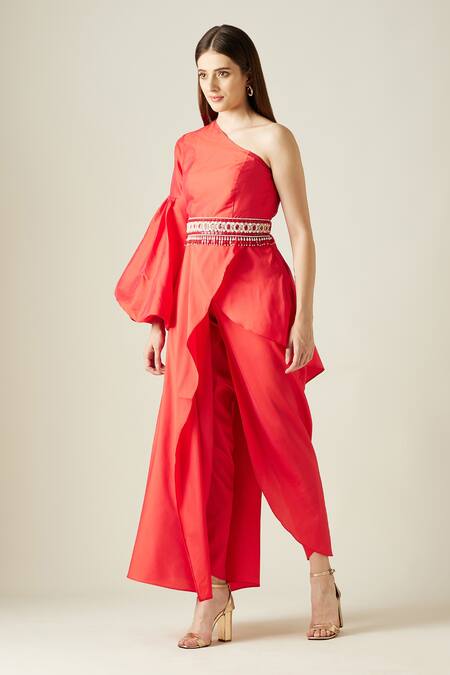 Buy_Aakaar_Red Silk Tissue Stones One Shoulder Tunic And Draped Pant Set_Online_at_Aza_Fashions