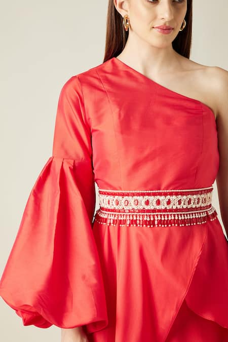 Shop_Aakaar_Red Silk Tissue Stones One Shoulder Tunic And Draped Pant Set_Online_at_Aza_Fashions