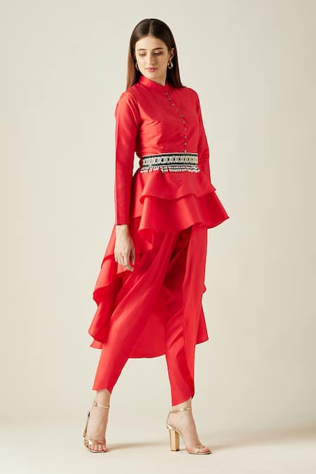 Aakaar_Red Silk, Tissue Beads, Stones, Pearls Asymmetric Tunic And Draped Pant Set_Online_at_Aza_Fashions