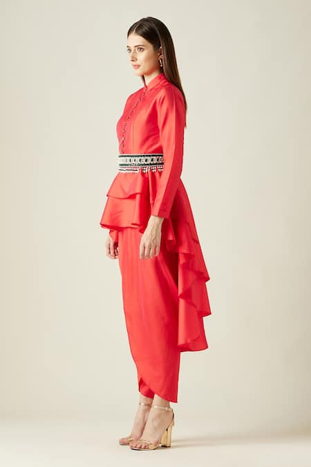 Buy_Aakaar_Red Silk, Tissue Beads, Stones, Pearls Asymmetric Tunic And Draped Pant Set_Online_at_Aza_Fashions