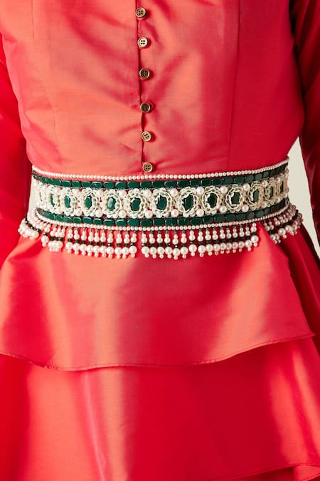 Shop_Aakaar_Red Silk, Tissue Beads, Stones, Pearls Asymmetric Tunic And Draped Pant Set_Online_at_Aza_Fashions