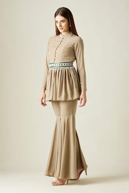 Aakaar_Beige Moss Crepe Stones Mandarin Collar Kurta And Sharara Set_Online_at_Aza_Fashions