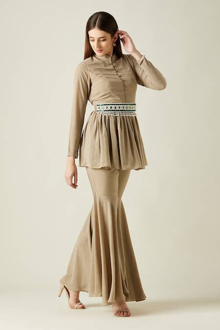 Buy_Aakaar_Beige Moss Crepe Stones Mandarin Collar Kurta And Sharara Set_Online_at_Aza_Fashions