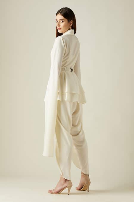 Shop Aakaar Ivory Moss Crepe Pearls, Stones Lapel Collar Asymmetric Tunic And Draped Pant Set at Aza Fashions Shop_Aakaar_Ivory Moss Crepe Pearls, Stones Lapel Collar Asymmetric Tunic And Draped Pant Set _at_Aza_Fashions
