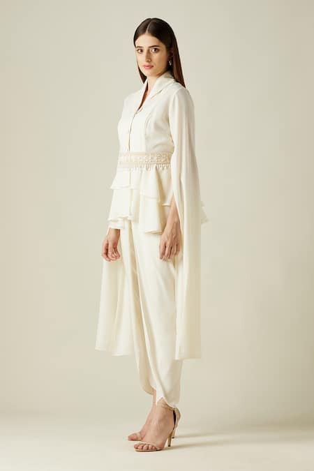 Buy Aakaar Ivory Moss Crepe Pearls, Stones Lapel Collar Asymmetric Tunic And Draped Pant Set Online at Aza Fashions Buy_Aakaar_Ivory Moss Crepe Pearls, Stones Lapel Collar Asymmetric Tunic And Draped Pant Set _Online_at_Aza_Fashions