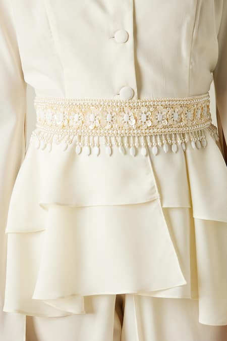 Shop Aakaar Ivory Moss Crepe Pearls, Stones Lapel Collar Asymmetric Tunic And Draped Pant Set Online at Aza Fashions Shop_Aakaar_Ivory Moss Crepe Pearls, Stones Lapel Collar Asymmetric Tunic And Draped Pant Set _Online_at_Aza_Fashions