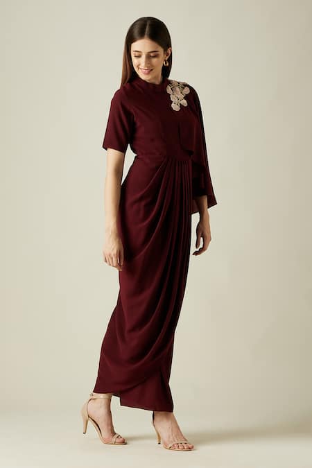Aakaar_Wine Moss Crepe Leather, Sequins Work Round Embroidered Draped Gown _Online_at_Aza_Fashions
