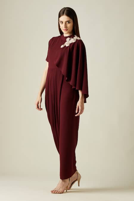 Buy_Aakaar_Wine Moss Crepe Leather, Sequins Work Round Embroidered Draped Gown _Online_at_Aza_Fashions