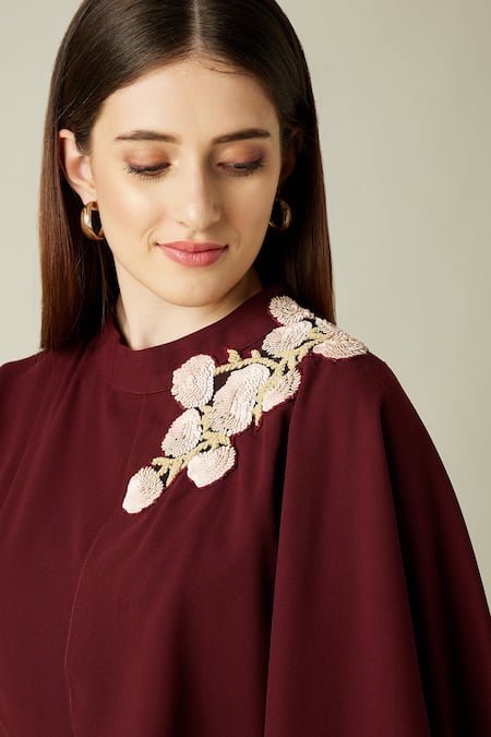 Shop_Aakaar_Wine Moss Crepe Leather, Sequins Work Round Embroidered Draped Gown _Online_at_Aza_Fashions