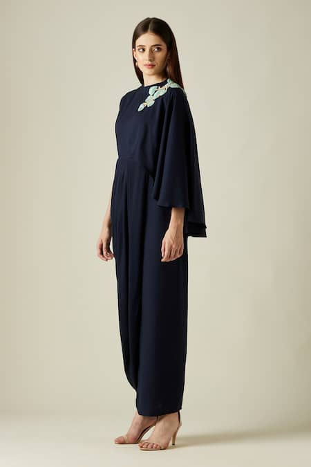 Aakaar_Blue Moss Crepe Leather, Sequins Work Round Embroidered Draped Gown_Online_at_Aza_Fashions