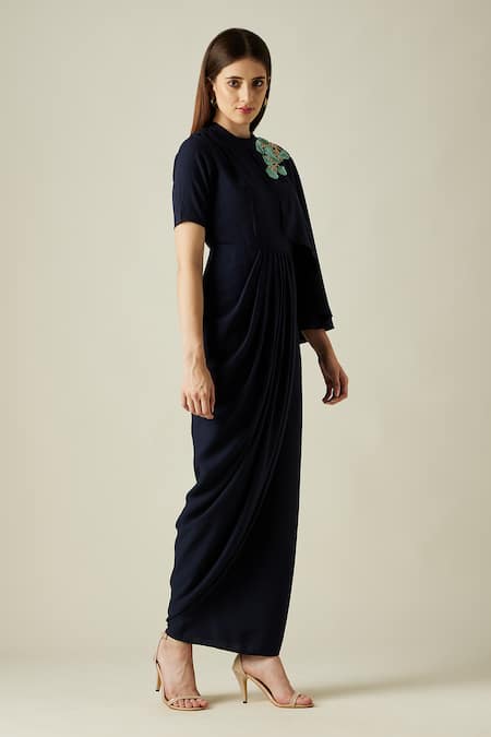 Buy_Aakaar_Blue Moss Crepe Leather, Sequins Work Round Embroidered Draped Gown_Online_at_Aza_Fashions