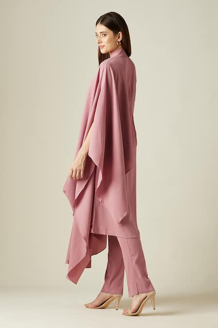 Shop Aakaar Pink Moss Crepe Bead Work Mandarin Collar Cowl Draped Tunic And Pant Set at Aza Fashions Shop_Aakaar_Pink Moss Crepe Bead Work Mandarin Collar Cowl Draped Tunic And Pant Set _at_Aza_Fashions