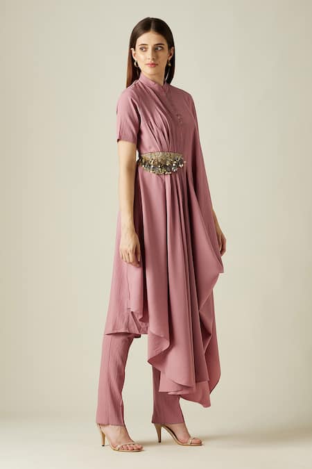 Aakaar Pink Moss Crepe Bead Work Mandarin Collar Cowl Draped Tunic And Pant Set Online at Aza Fashions Aakaar_Pink Moss Crepe Bead Work Mandarin Collar Cowl Draped Tunic And Pant Set _Online_at_Aza_Fashions