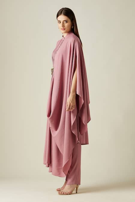 Buy Aakaar Pink Moss Crepe Bead Work Mandarin Collar Cowl Draped Tunic And Pant Set Online at Aza Fashions Buy_Aakaar_Pink Moss Crepe Bead Work Mandarin Collar Cowl Draped Tunic And Pant Set _Online_at_Aza_Fashions