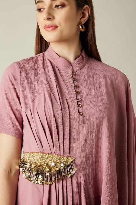 Shop Aakaar Pink Moss Crepe Bead Work Mandarin Collar Cowl Draped Tunic And Pant Set Online at Aza Fashions Shop_Aakaar_Pink Moss Crepe Bead Work Mandarin Collar Cowl Draped Tunic And Pant Set _Online_at_Aza_Fashions