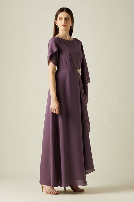 Aakaar_Purple Silk Tissue Sequins Round Taylor Draped Gown _Online_at_Aza_Fashions