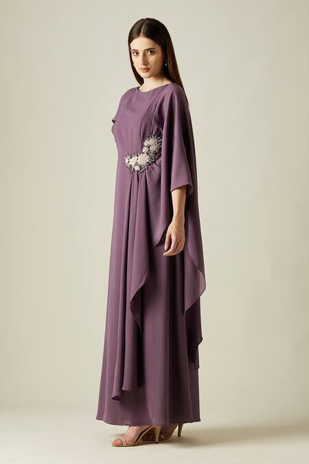 Buy_Aakaar_Purple Silk Tissue Sequins Round Taylor Draped Gown _Online_at_Aza_Fashions