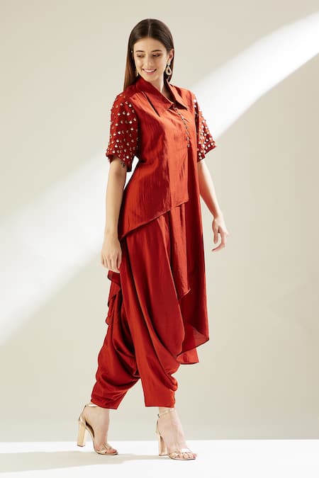 Aakaar_Orange Cotton Silk Sequins Wide Shirt Collar Asymmetric Tunic And Draped Pant Set_Online_at_Aza_Fashions