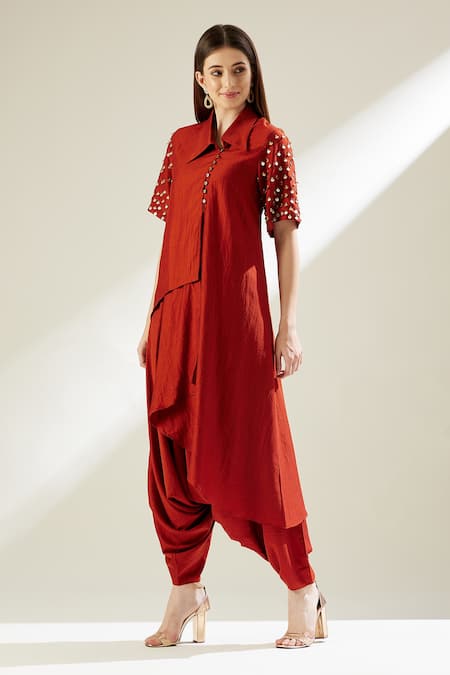 Buy_Aakaar_Orange Cotton Silk Sequins Wide Shirt Collar Asymmetric Tunic And Draped Pant Set_Online_at_Aza_Fashions
