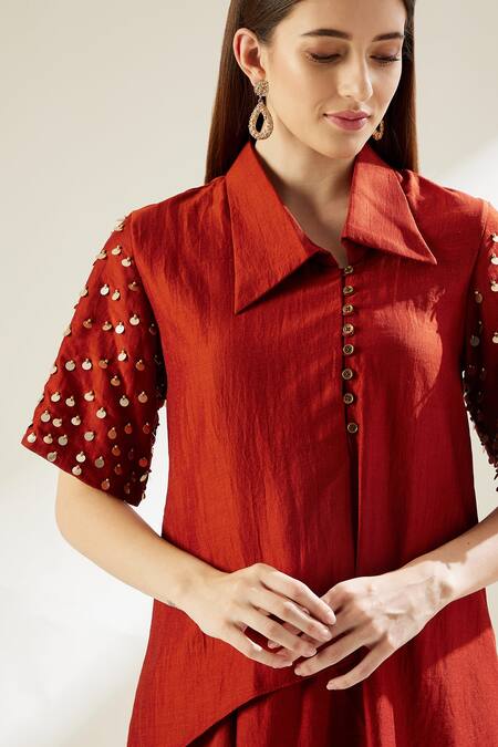 Shop_Aakaar_Orange Cotton Silk Sequins Wide Shirt Collar Asymmetric Tunic And Draped Pant Set_Online_at_Aza_Fashions