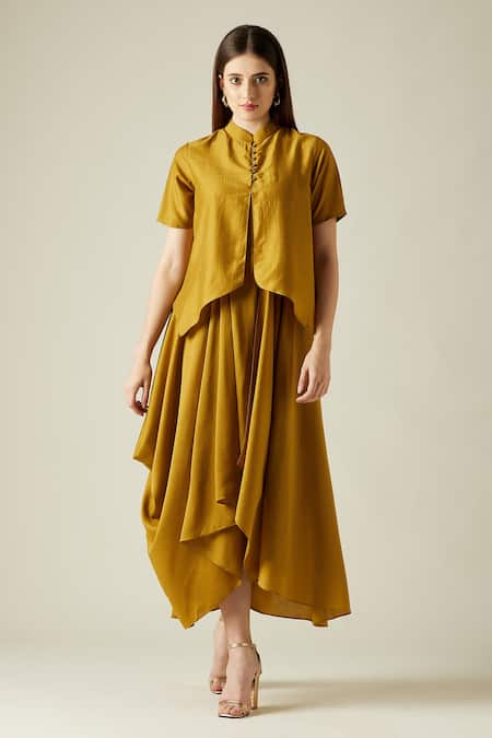Aakaar Marigold Cowl Draped Dress 