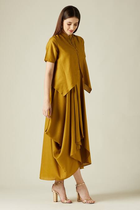 Aakaar_Yellow Cotton Silk Mandarin Collar Marigold Cowl Draped Dress _Online_at_Aza_Fashions