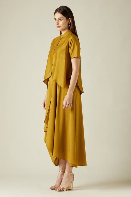 Buy_Aakaar_Yellow Cotton Silk Mandarin Collar Marigold Cowl Draped Dress _Online_at_Aza_Fashions