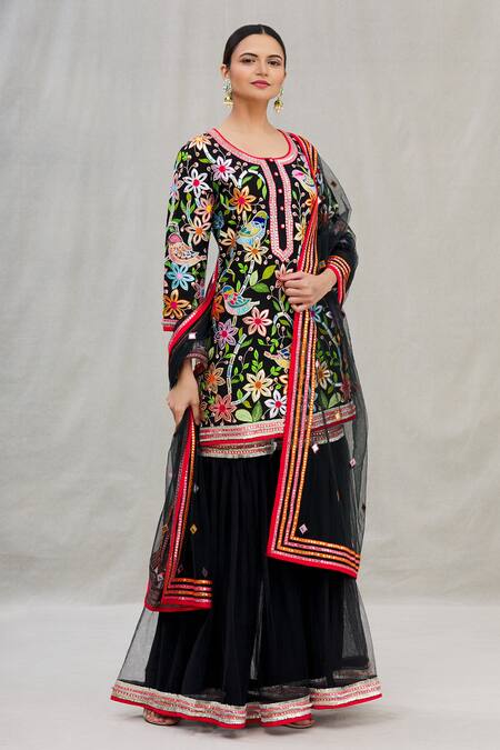 Buy_Asal By Abu Sandeep_Black Net Embroidery Round Kurta Sharara Set _Online_at_Aza_Fashions