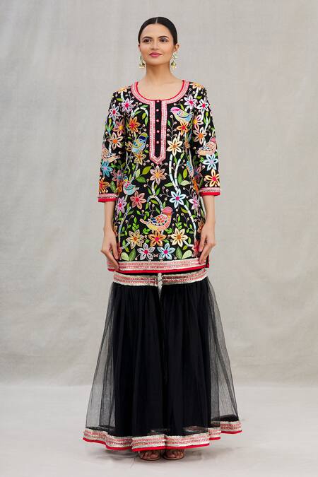 Asal By Abu Sandeep_Black Net Embroidery Round Kurta Sharara Set _Online_at_Aza_Fashions