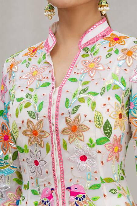 Asal By Abu Sandeep_White Viscose Georgette Stand Collar Embroidered Anarkali Set_at_Aza_Fashions